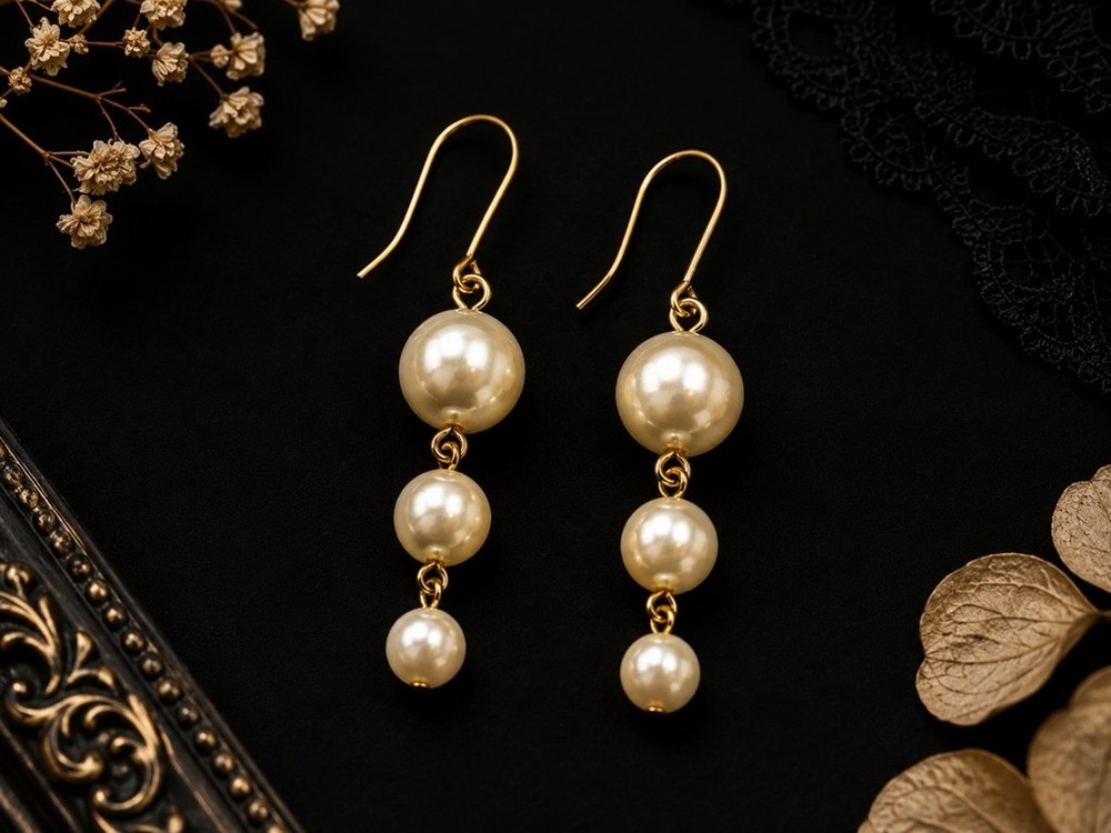 Vintage Sarah Coventry Triple Faux Pearl Drop Dangle Earrings Gold Tone