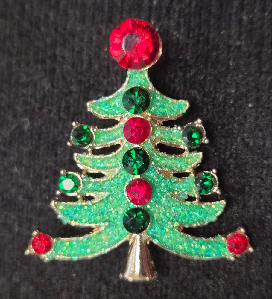 Estate Gold Tone Rhinestone & Green Glitter Christmas Tree Pin / Brooch