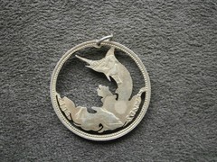 Blue Marlin QE II Bahamas 50 Cents Coin Vtg Two Tone 800 Silver Charm Pendant 6g