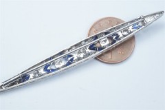 ANTIQUE ART DECO PLATINUM DIAMOND SAPPHIRE NAVETTE SHAPE BROOCH c1920