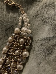 Faux Pearl Jewelry Set 4 Row Cowl Necklace Wide Cuff Bracelet Heavy Glass Beads
