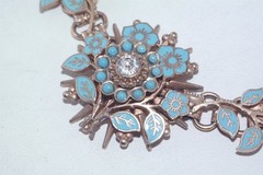 Vtg Enamel Flower Turquoise Bead Seed Pearl Crystal Brass Choker Necklace