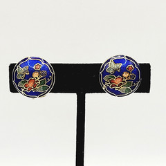 Cloisonné Small Butterfly & Flowers Round Blue Enamel Gold Tone Clip On Earrings