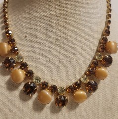 Vintage Necklace Earring Citrine Amber Color Brown Lrg Round Rhinestone 15″ Set