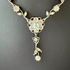 Necklace AB Aurora Borealis Flower Mid Century Botanical Silver Tone 17.5 inches