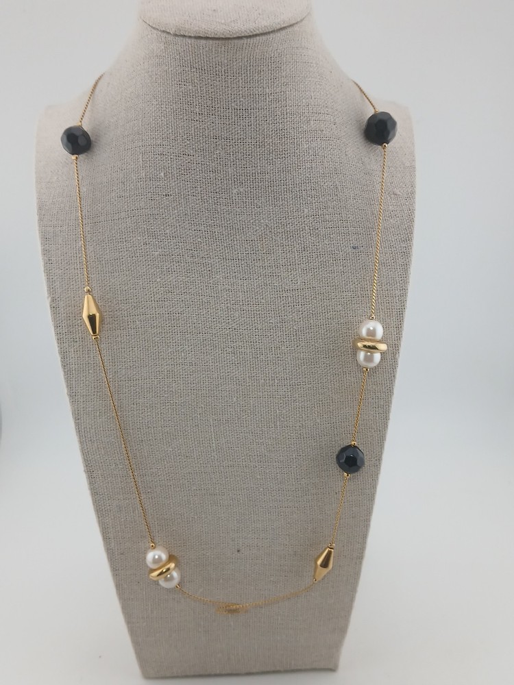 Gold Tone vintage stations chain faux pearls black & gold beads design necklace