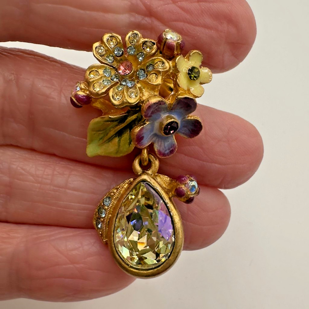 Vintage Jay Strongwater Flower Basket Dangle Rhinestone Statement Pin USA