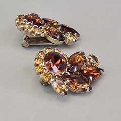 Vintage Rhinestone Clip On Earrings Climber Brown Glass Autumn Fall 1.25″