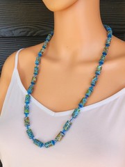 Vintage Blue Polymer Clay Barrel Beads Butterfly Floral Printed Design Necklace