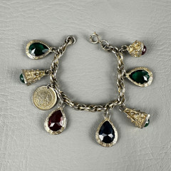 Vintage Charm Bracelet Gold Tone Glass Charms South Africa Coin 6.5″