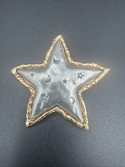 JJ Jonette Star w/Embossed Moons Stars Silver tone with Gold Tone Trim Brooch