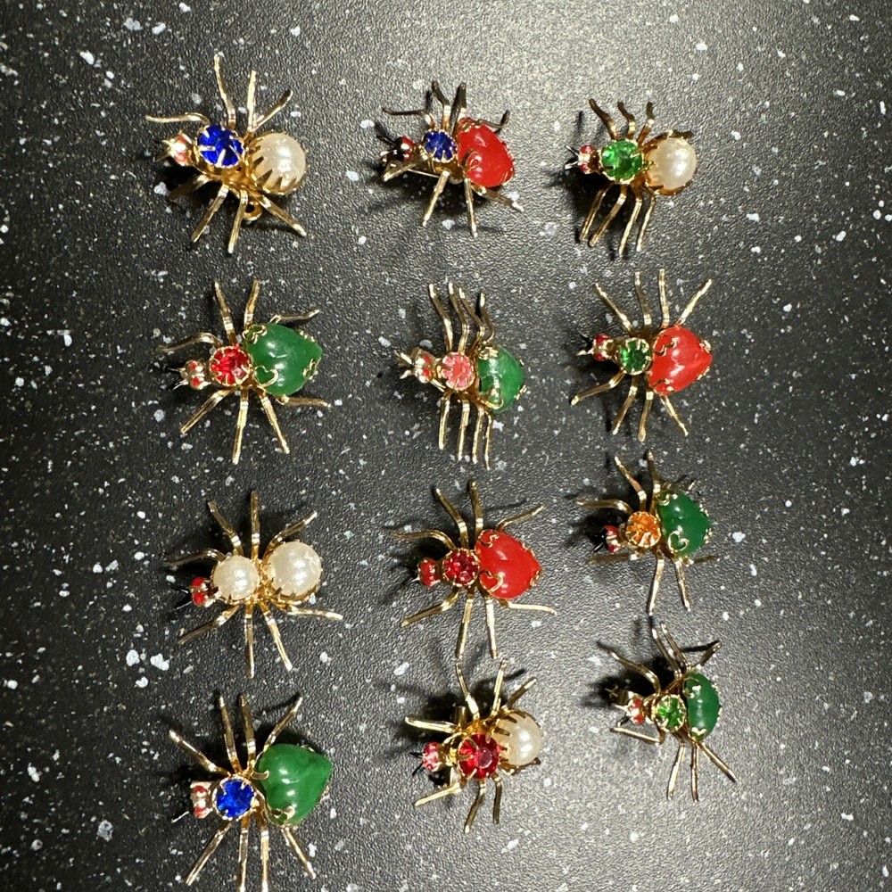 Vintage Spider Brooch Pin Red Pink Orange Blue Green Plastic Faux Pearl Set 12