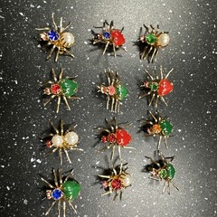 Vintage Spider Brooch Pin Red Pink Orange Blue Green Plastic Faux Pearl Set 12