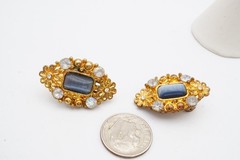 Vintage Clip On Earrings Gold Tone Rhinestone Cats Eye
