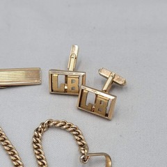 Vintage Swank Mens Jewelry Set Watch Fob Cufflinks Tie Bar Gold tone Monogram LB