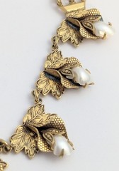Vtg Estate Brass Genuine Pearl Flower Leaf Link Necklace 15.5″ 3D
