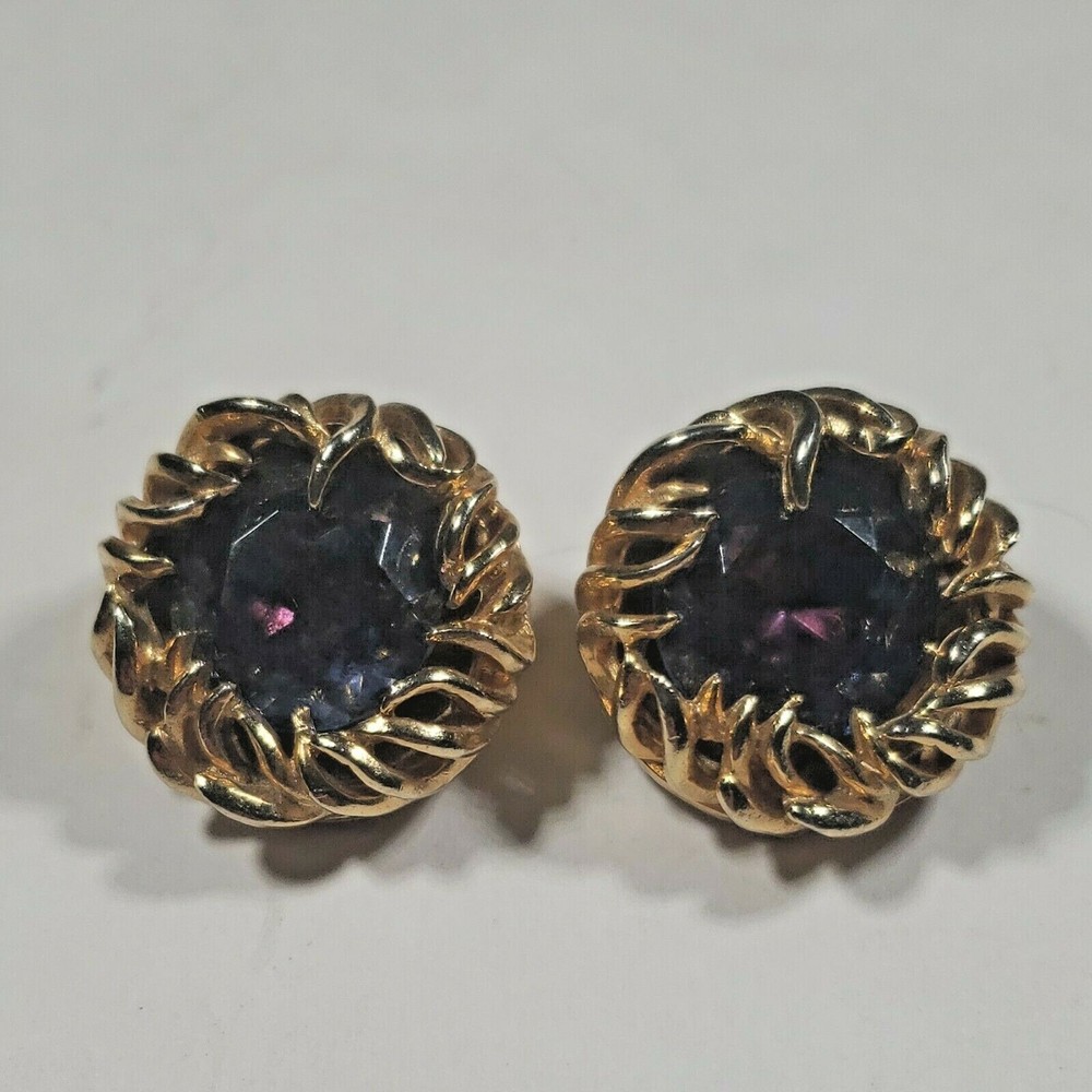 1940s Signed ART Mode Purple Amethyst Rhinestone Gold Tone Clip Earrings