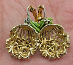 VTG FLOWER white green gold tone DANGLE open clip on Earrings RHINESTONE ENAMEL
