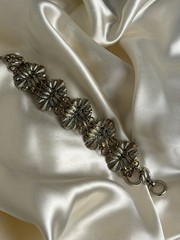 Vintage Pastel Blue & Green Rhinestone Floral Wire Bracelet – Silver Tone