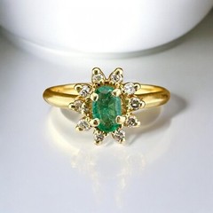 Petite Vintage 14 Karat Yellow Gold Emerald & Diamond Ballerina Halo Ring