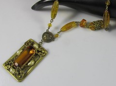Old Czechoslovakia Art Glass Amber&Brass Beaded Necklace Large Filigree Pendant