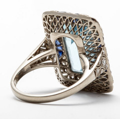 Classic 20TH Century Filigree Style Old Mine Cut Aquamarine, Sapphire & CZ Ring