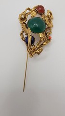 Swoboda Triple Dragon Jade Carnelian Figural Pin Brooch Gold Color VTG Estate