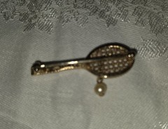 Vintage Avon Tennis Racket Brooch Pin Gold Tone Faux Pearl Tennis Ball 1 3/4″