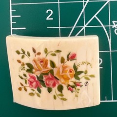 Antique Celluloid Brooch Pin Floral Hand Painted Signed Trombone Clasp