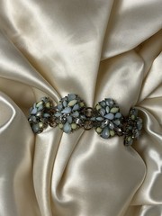 Vintage Pastel Blue & Green Rhinestone Floral Wire Bracelet – Silver Tone