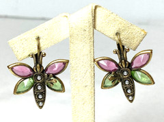 Gold Tone Pink Green Glass Bezel Set Butterfly Earrings Leverback Close 1.25″