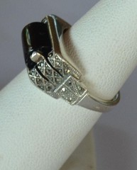 Antique Art Deco Sterling Silver Ring Black Onyx & Marcasite SZ 6 3/4
