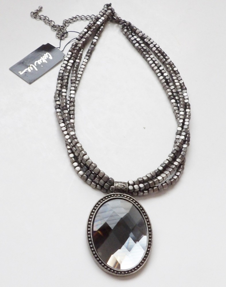 Cookie Lee NWT Silver Tone Beaded Necklace w/ Faceted Mirror Pendant 15″ to 19”