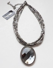 Cookie Lee NWT Silver Tone Beaded Necklace w/ Faceted Mirror Pendant 15″ to 19”