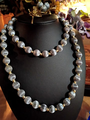 Mid-Century 2-Piece Set Grey Silk Wrapped Bead Necklace & Filigree Berry Brooch