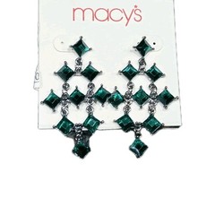 Green Rhinestone Earrings Dangle Silver tone Boho 80’s style Macy’s Vintage 2 in
