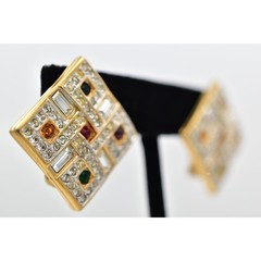 Swarovski Vintage Crystal Clip On Earrings Gold Chunky Multi-Color Signed BinBF