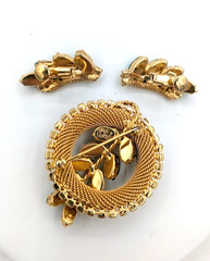 Vintage HOBE Brooch Earrings Set Green Art Glass Gold Mesh Rhinestone