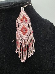 Handmade Glass Seed Bead Bib Style Necklace & Earrings Pink & White Vintage