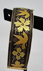 Vintage Damascene Hinged Bracelet & Clip-On Earrings Jewelry Set Black & Gold
