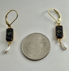 Victorian Mourning Jet Art Glass Hand Painted Flowers & Pearl Leverback Earrings