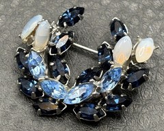 Vintage Two Tone Blue Crystal and Faux Opalite Rhinestone Wreath Brooch