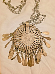 Vintage Kuchi Afghan Sunburst Pendant Necklace Brass Tribal Blue Red Glass Boho