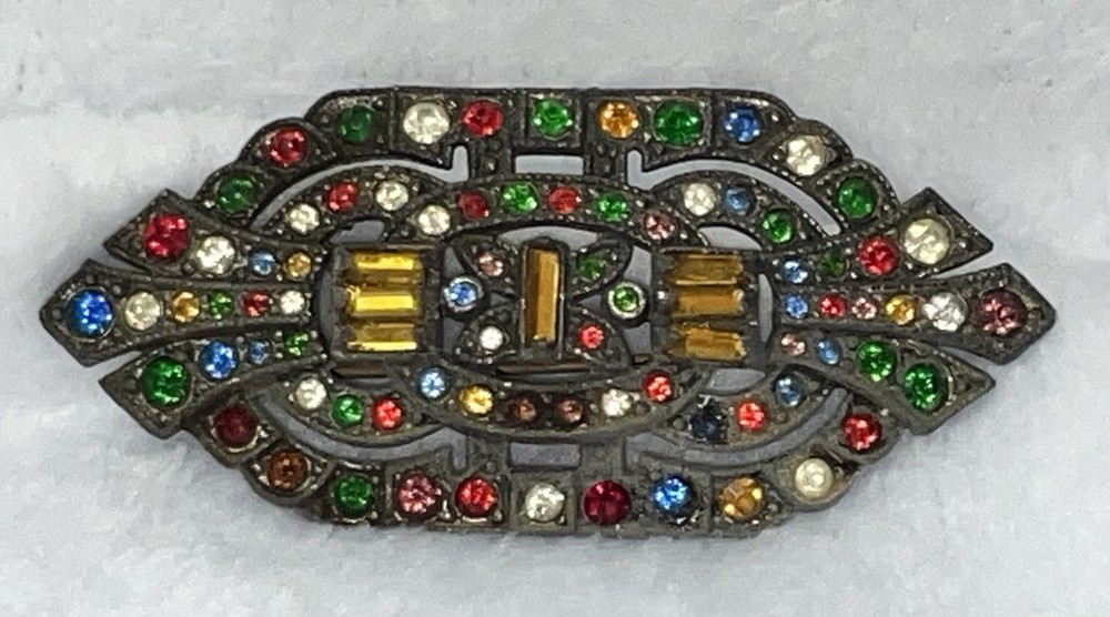 Antigue Art Deco Baguette & Round Rhinestone Pot Metal BROOCH 2.5 in READ