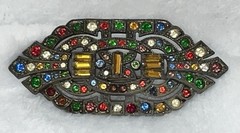 Antigue Art Deco Baguette & Round Rhinestone Pot Metal BROOCH 2.5 in READ