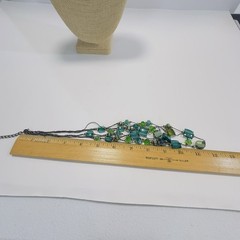 Necklace Green Blue Acrylic Glass Beads Black Wire Like Chain 11″ Faceted