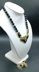 Vintage Egyptian Revival Bib Necklace Stud Earring Set Black Beaded Gold Tone