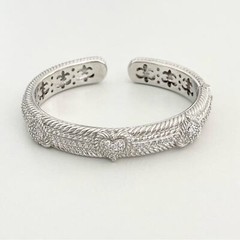 Judith Ripka Clear CZ Triple Heart Diamonique Heavy Silver Cuff Bracelet