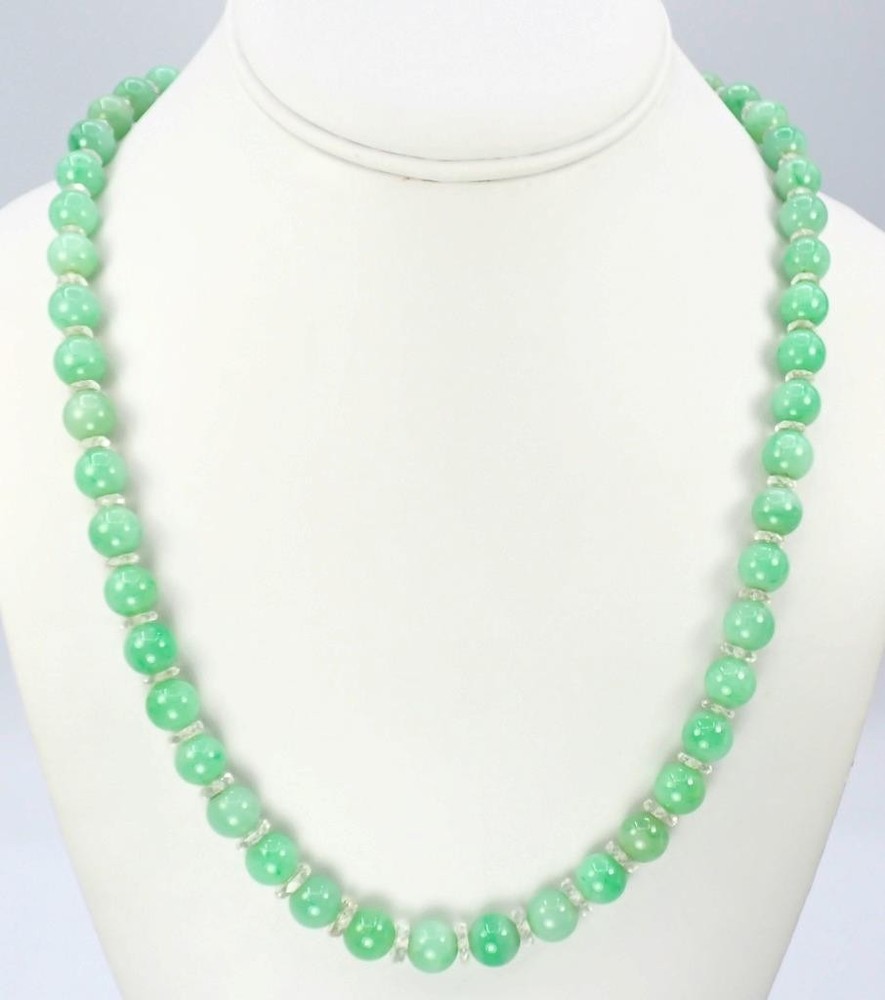 Antique Art Deco Gold Sapphire Green Jadeite Jade Rock Crystal Bead Necklace GIA