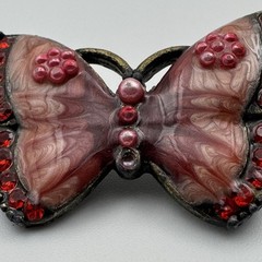 Pink Red Rhinestone Beaded Bronze Colored Butterfly Pin Brooch Missing 1 Bead